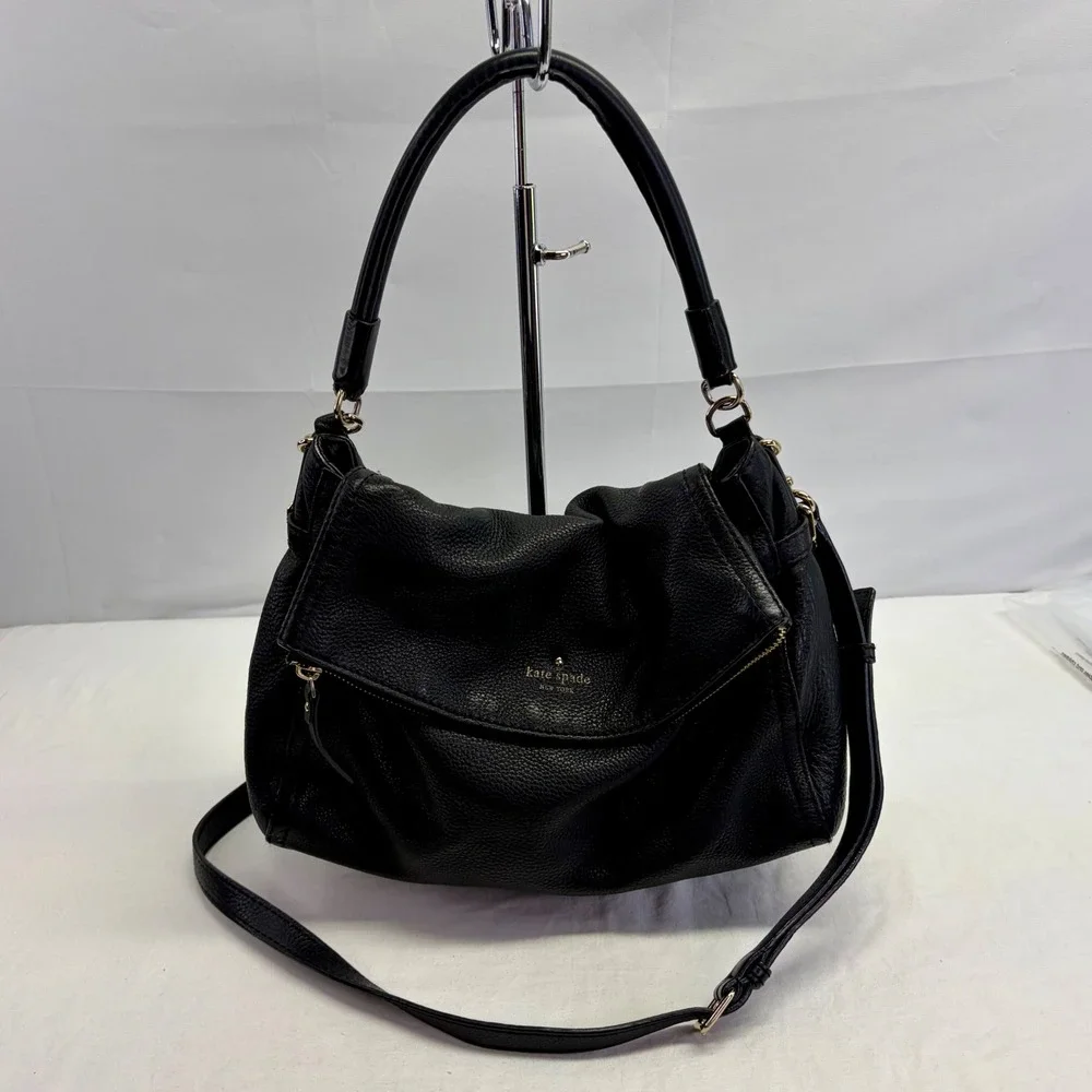 Kate Spade Crossbody Bag Medium Black Pebbled Leather Foldover Satchel Slouchy
